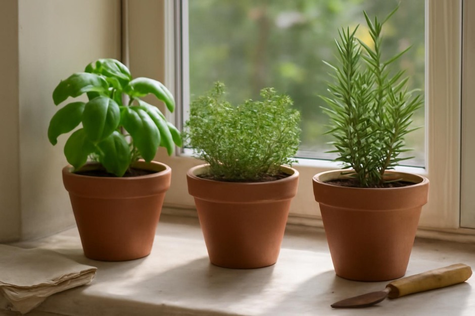 Small terracotta pots with basil, thyme, and rosemary on a sunny kitchen windowsill