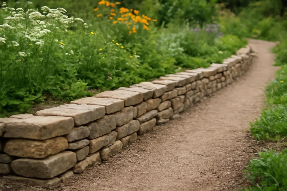 Low dry-stacked stone border along a cottage garden path