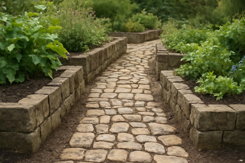 A rustic garden path of reclaimed stones winding between raised beds